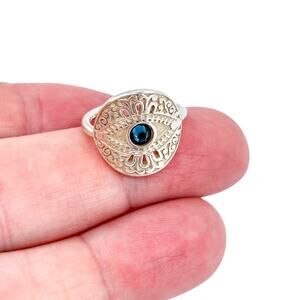 Alex and Ani Sterling Silver 925 Adjustable Evil Eye Ring with Blue Crystal